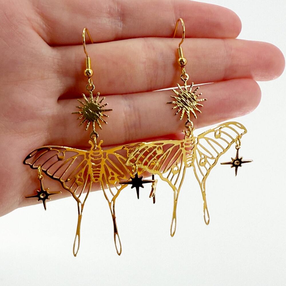 Gold Luna Moth Earrings, Moth Earrings- Stone Earrings- Gold Earrings